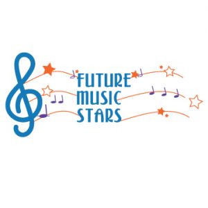 Final logo option meant to mimic sheet music with stars and music symbols in bright blue, orange and purple