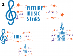 the selected logo option created to mimic sheet music with the words Future Music Stars and their initals FMS in bright blue, orange and purple
